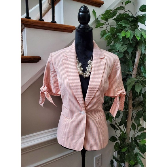 Nine West Women's Striped 100% Cotton Short Sleeve Single Breasted Blazer Size 6
